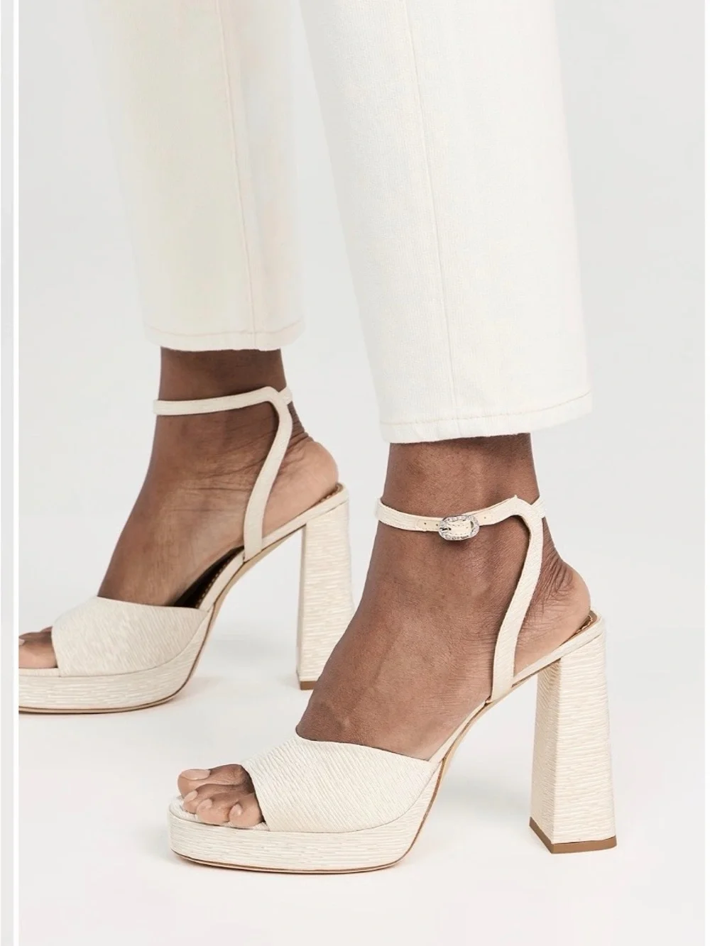 STAUD Cream Textured Platform Ankle-Strap Sandals